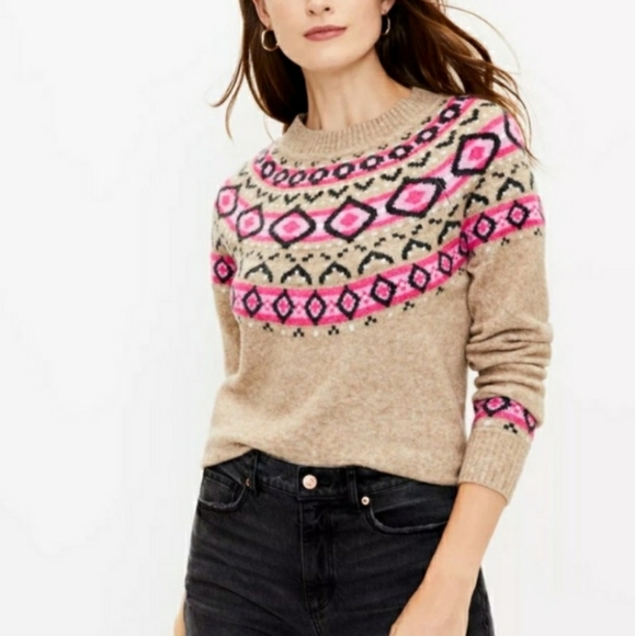 Ann Taylor Loft Fair Isle Nortic Beige Hot Pink Crewneck Sweater Sz Medium - Picture 4 of 4